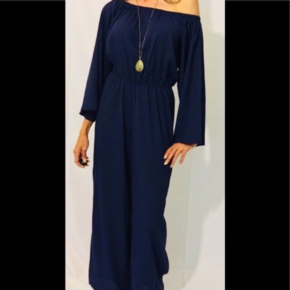 NAVY BLUE OFF THE SHOULDERS SMOCK JUMPSUIT - Picture 4 of 7